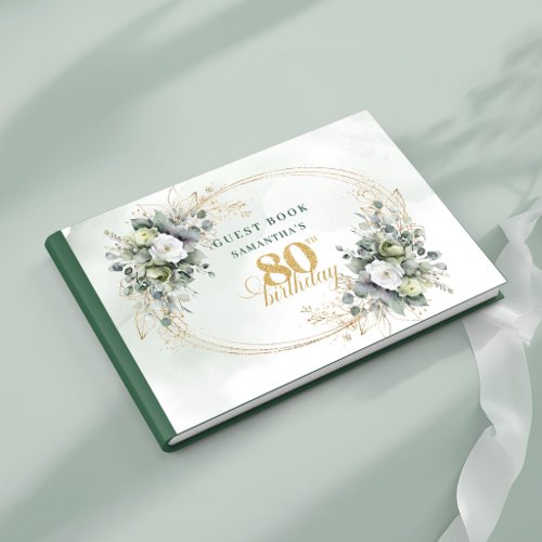 Timeless Green and White 80th Birthday Sign In Guest Book