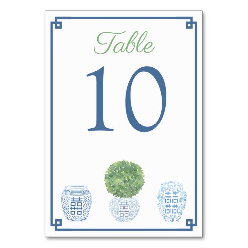 Timeless Green  Blue Boxwood Ginger Jar Wedding Table Number