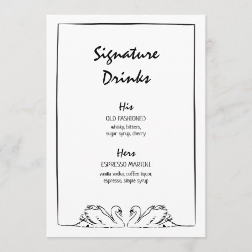 Timeless Hand Drawn Swan Signature Drinks Wedding Menu