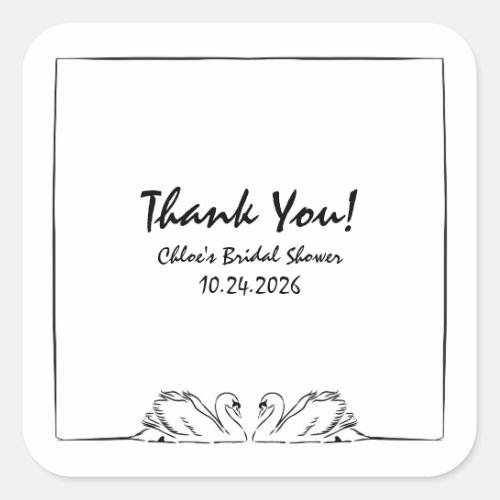 Timeless Handwritten Swan Bridal Shower Thank You Square Sticker