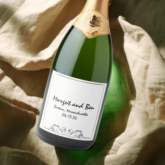 Timeless Handwritten Swan Wedding Chic Champagne Sparkling Wine Label (Creator Uploaded)