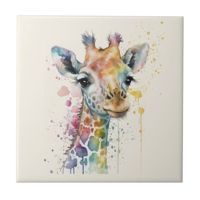 Timeless Ivory Watercolor Giraffe Pattern Ceramic Tile (Front)