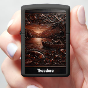 Timeless Leather Fishing Lake Artwork Zippo Lighter