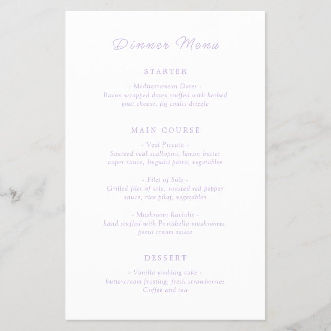 Timeless Lilac Classic Budget Wedding Menu Flyer (Front)