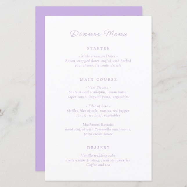 Timeless Lilac Classic Wedding Menu (Front/Back)