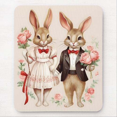 Timeless Love Tales _ Charming Retro Rabbits Celeb Mouse Pad