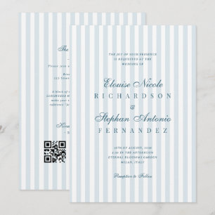 Timeless Luxe Script Blue Stripes Wedding Invitation