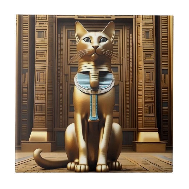 Timeless Majesty: The Golden Egyptian Pharaoh Cat Ceramic Tile (Front)