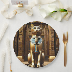 Timeless Majesty: The Golden Egyptian Pharaoh Cat Paper Plates