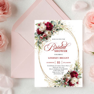 Timeless Maroon Floral Gold Bridal Shower Invite
