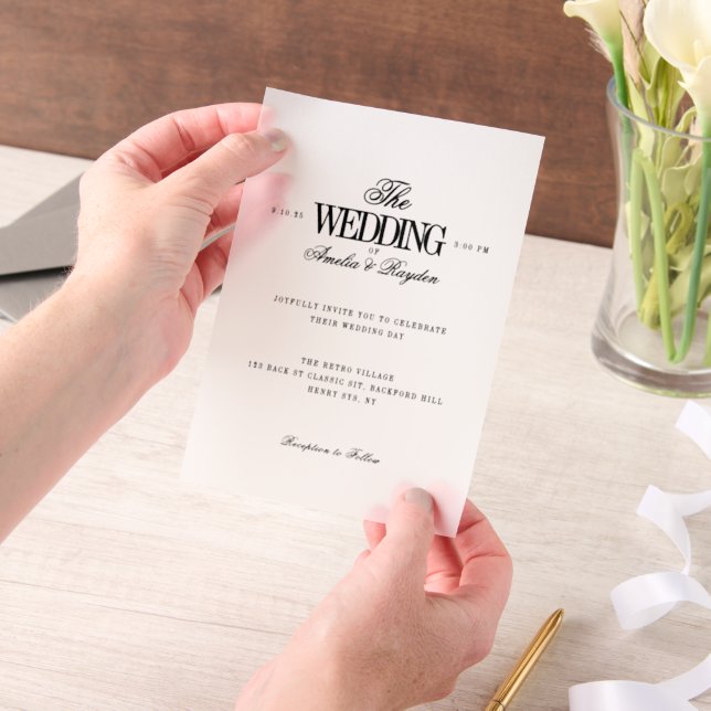 Timeless Minimalist Black White Wedding Vellum Invitations (Handheld)