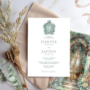 Timeless Monogram, Earthy Green and Blush Wedding Invitation