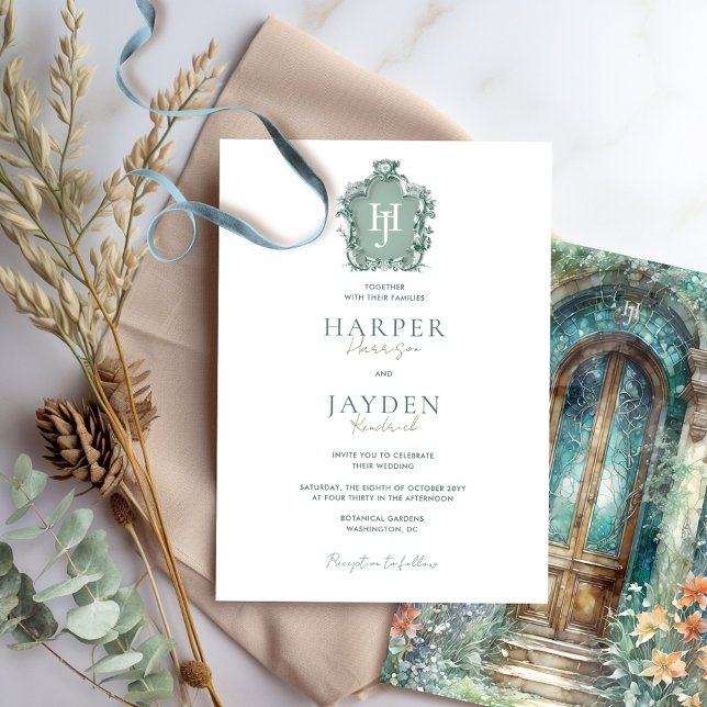 Timeless Monogram, Green, Blue Teal Wedding Invitation (Creator Uploaded)