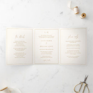 Timeless Monogram Ivory and Gold Elegant Wedding Tri-Fold Invitation