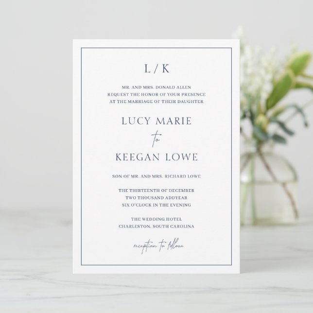 Timeless Monogram Navy Blue Elegant Wedding Invitation (Standing Front)