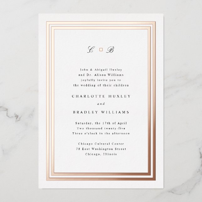 Timeless Monogram with Foil Frame Wedding Invite (Front)