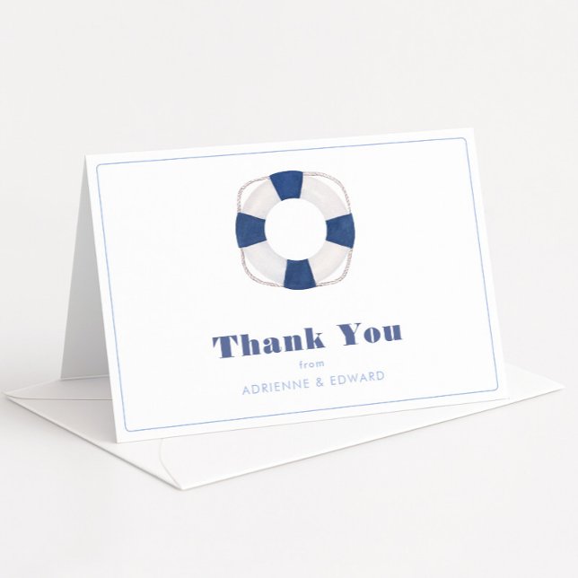 Timeless Nautical Blue And White Wedding Shower Thank You Card (Nautical inspired wedding shower thank you card design with navy blue and white life ring)