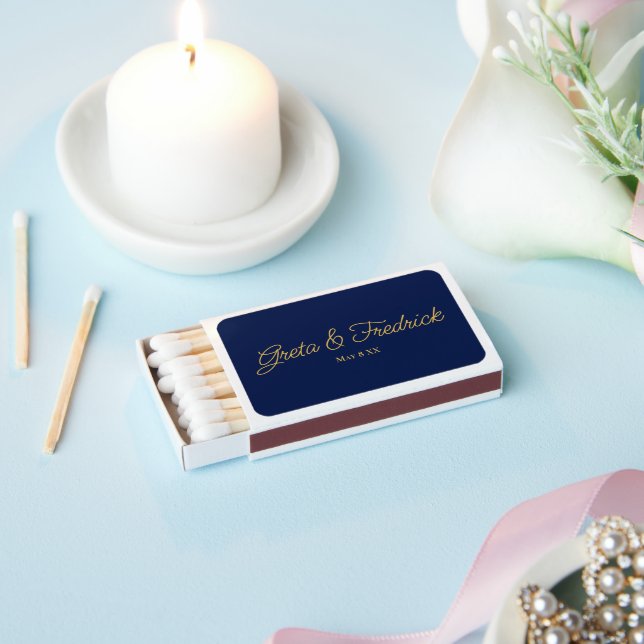 Timeless Navy Blue and Gold Wedding Favor Matchboxes (Insitu)