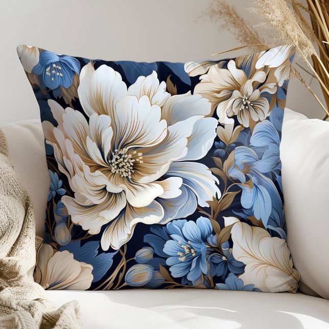 Timeless Navy Blue Flowers Elegant Pillow (Timeless Navy Blue Flowers Elegant Pillow)