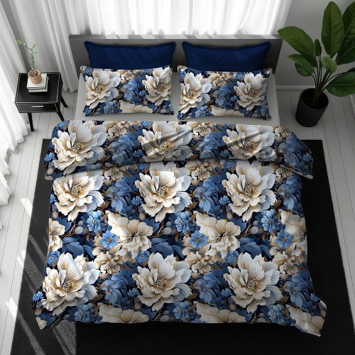 Timeless Navy Flowers Duvet Cover Luxury Bedding