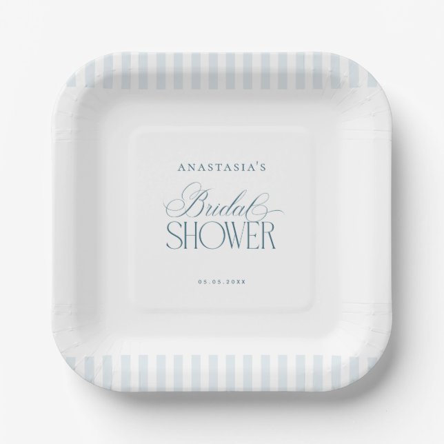 Timeless Old Money Blue Stripes Bridal Shower Paper Plates (Front)