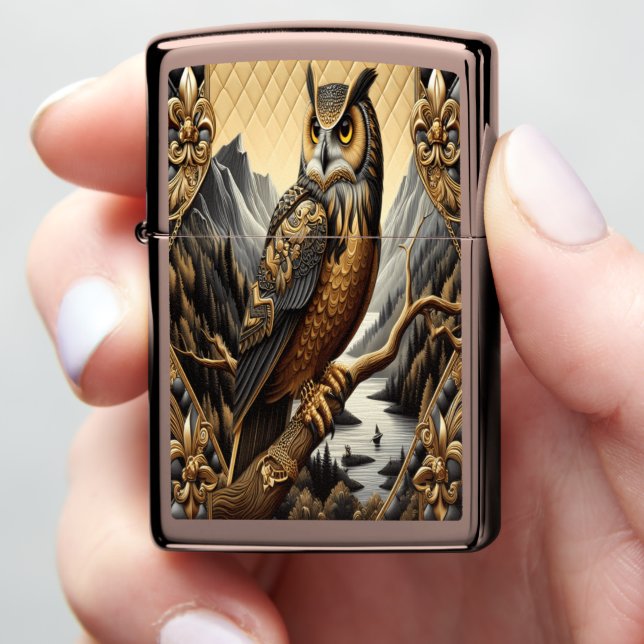 Timeless Owl Mountain Ocean Leather Art Zippo Lighter (In Hand)