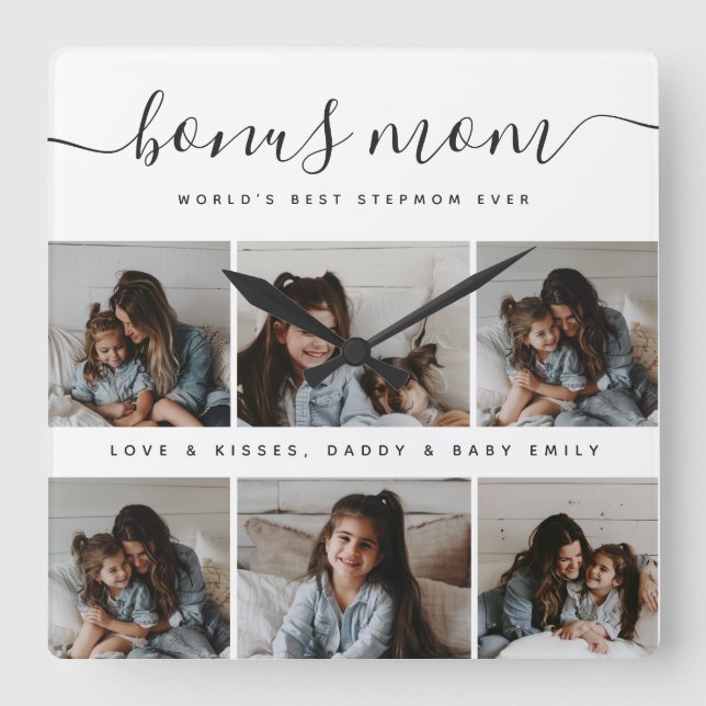 Timeless Photo Collage Chic Bonus Mom Mothers Day Square Wall Clock (Front)