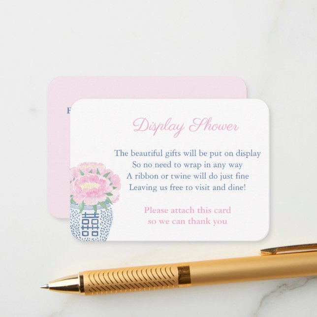 Timeless Pink Floral Navy Blue Display Shower Enclosure Card (Front/Back In Situ)