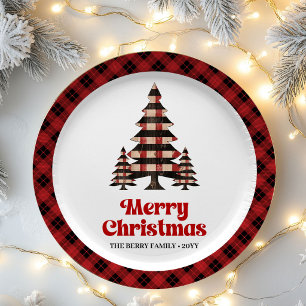 Timeless Plaid Christmas Family Name Paper Plates