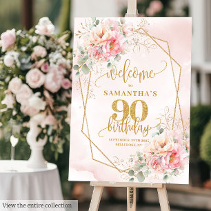 Timeless Powder Pink Gold Floral 90th Birthday Foam Board