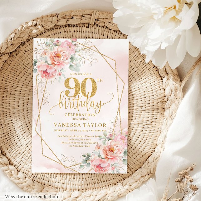 Timeless Powder Pink Gold Floral 90th Birthday Invitation (Timeless Powder Pink Gold Floral 90th Birthday Invitation)