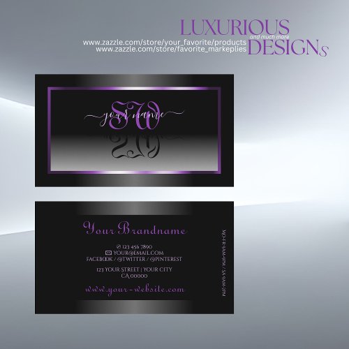 Timeless Purple Black White Gradient and Initials Business Card