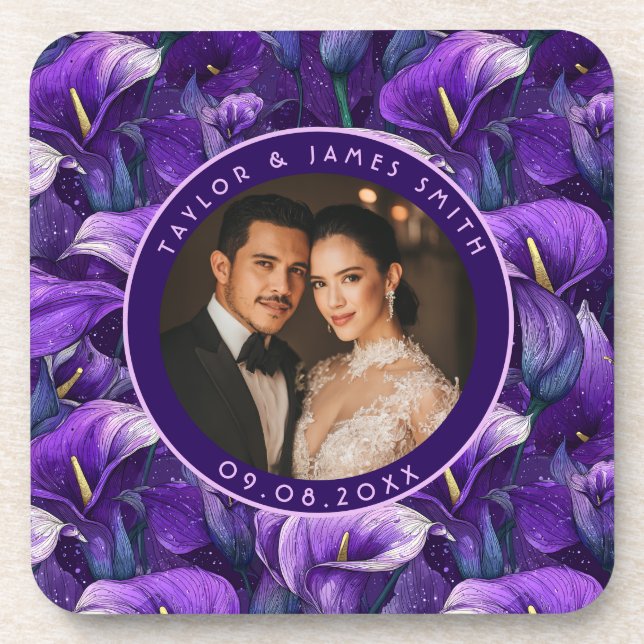 Timeless Purple Calla Lilies Garden Boho Wedding Beverage Coaster (Front)