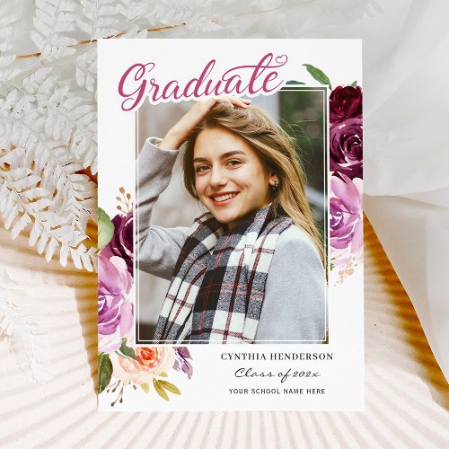 2020 Graduate Plum Purple Floral Girl Graduation Announcement