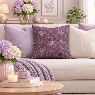 Timeless Purple Roses And Gold Leaf Throw Pillow