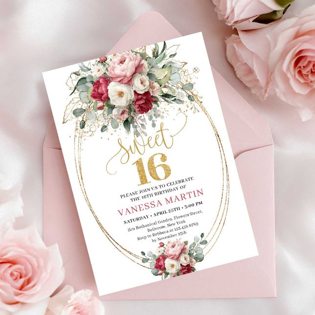 Timeless Red Blush Greenery Sweet Sixteen Invite (Timeless Red Blush Greenery Sweet Sixteen Invitation)