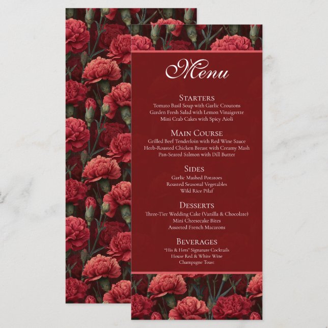 Timeless Red Carnation Aesthetic Boho Wedding Menu (Front/Back)