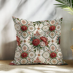 Timeless Red Roses Pillow Distressed Tile Pattern