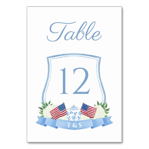Timeless Red White Blue Watercolor Crest Wedding Table Number