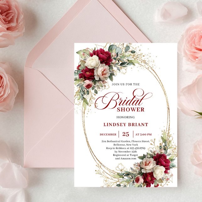 Timeless Red White Flowers Gold Bridal Shower Invitation (Timeless Red White Flowers Gold Bridal Shower)