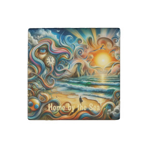Timeless Reflections: Surreal Coastal Dreamscape Stone Magnet