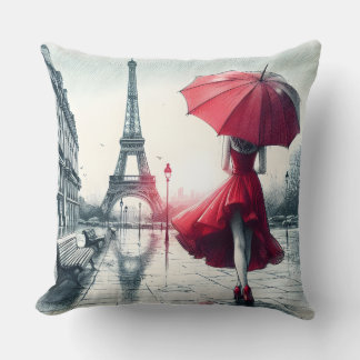 Timeless Romance in Parisian Rain Throw Pillow