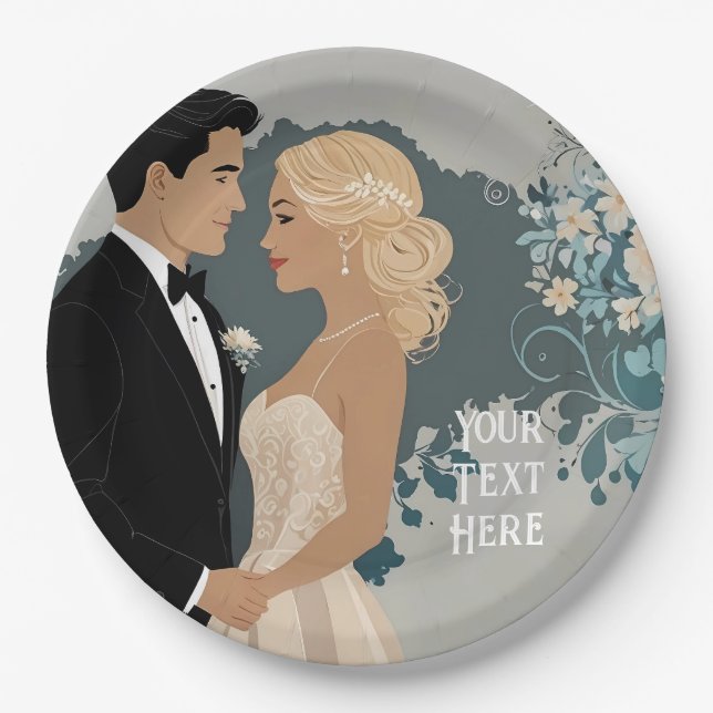 Timeless Romance: Watercolour Bride and Groom Art Paper Plates (Front)