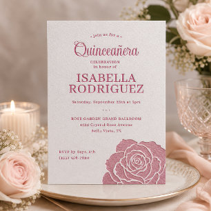 Timeless Rose Bloom Quinceañera Letterpress Invitation