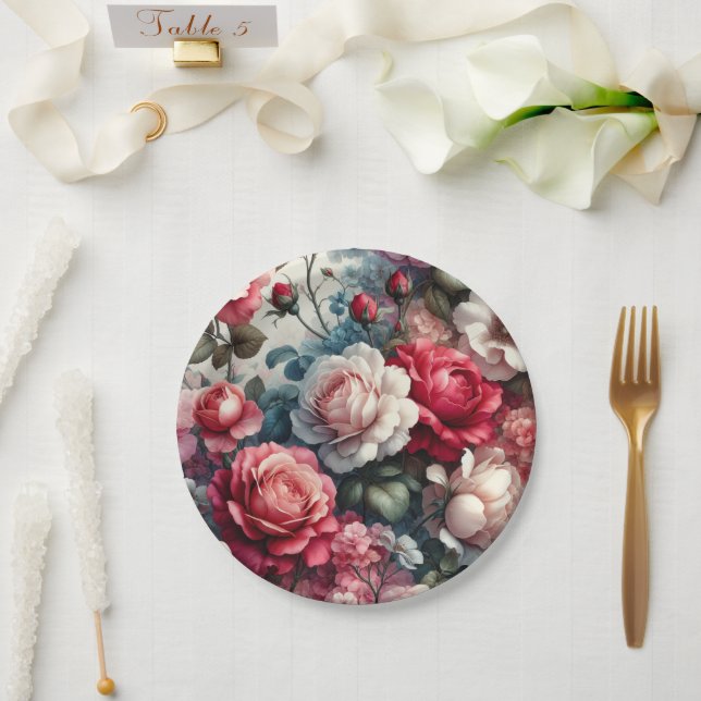Timeless Rose Floral Charm Paper Plates (Wedding)
