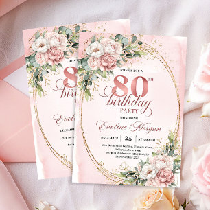 Timeless Rose Gold Flowers Greenery 80th Birthday  Invitation