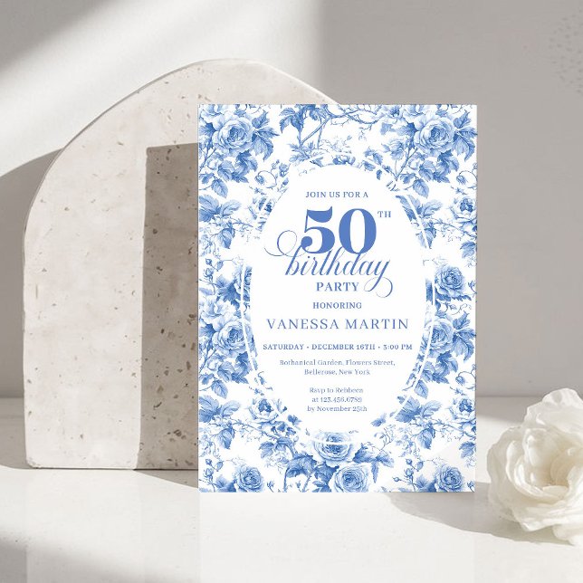 Timeless Royal Blue Toile de Jouy 50th Birthday  Invitation (Timeless Royal Blue Toile de Jouy 50th Birthday Invite)