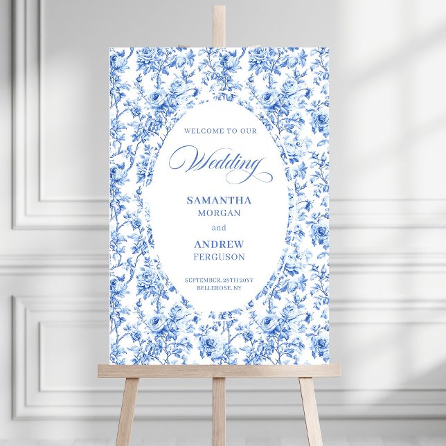 Timeless Royal Blue Toile Rose Wedding Welcome Pos Foam Board (Timeless Royal Blue Toile Rose Wedding Welcome Poster)