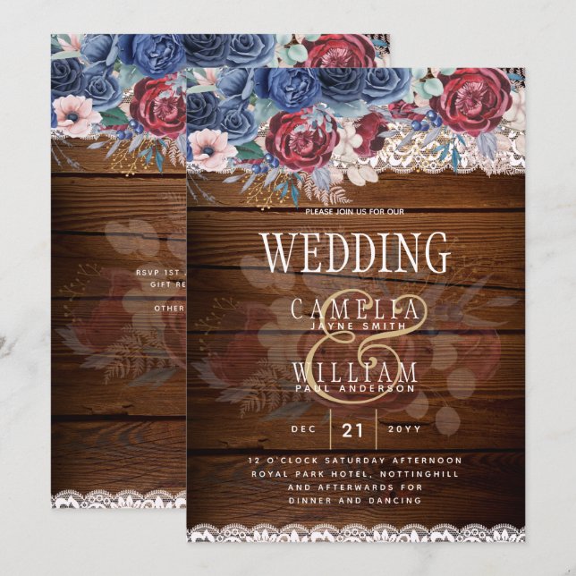 Timeless Rustic Blue Burgundy Floral Lace Wedding Invitation (Front/Back)