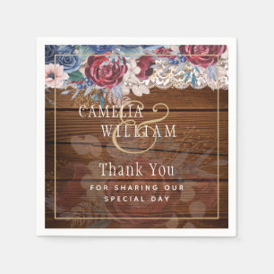 Timeless Rustic Blue Burgundy Floral Lace Wedding Napkins